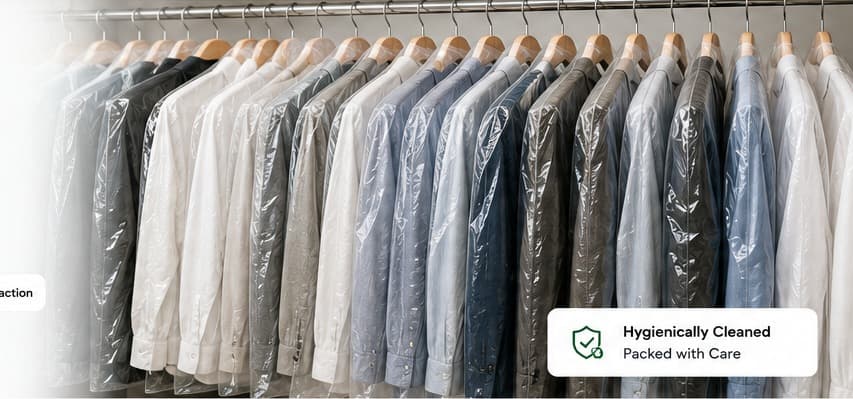 Freshly cleaned garments protected in transparent garment covers
